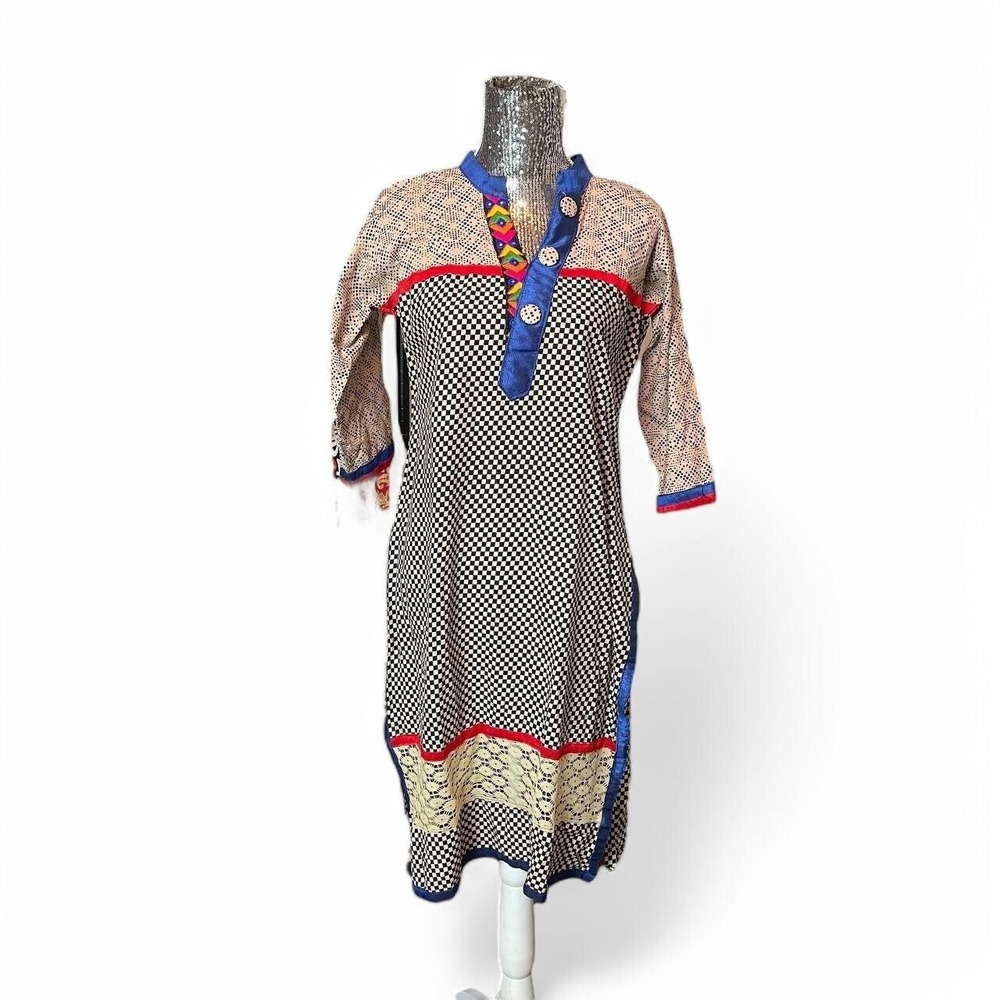 Boho Hippie Festival Ethnic Geometric Print Tunic Dress Blue Black Red Large